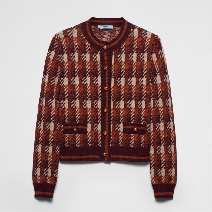 NIGO Prada Women‘s Fall And Winter Plaid Full Print Round Neck Pocket Single Breasted Wool Long Sleeved Knit Jacket #nigo73537