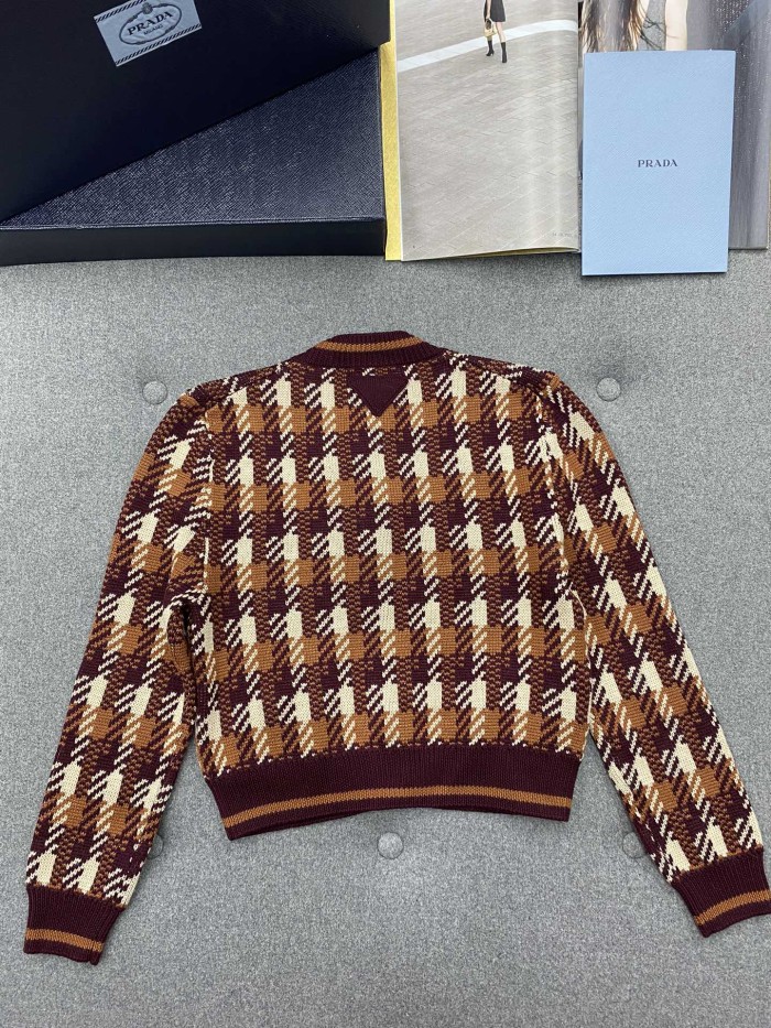NIGO Prada Women‘s Fall And Winter Plaid Full Print Round Neck Pocket Single Breasted Wool Long Sleeved Knit Jacket #nigo73537