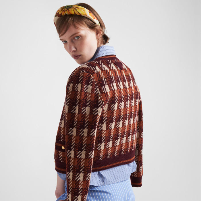 NIGO Prada Women‘s Fall And Winter Plaid Full Print Round Neck Pocket Single Breasted Wool Long Sleeved Knit Jacket #nigo73537