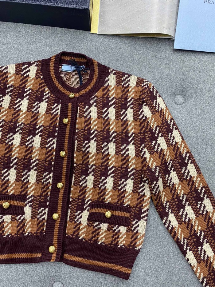 NIGO Prada Women‘s Fall And Winter Plaid Full Print Round Neck Pocket Single Breasted Wool Long Sleeved Knit Jacket #nigo73537