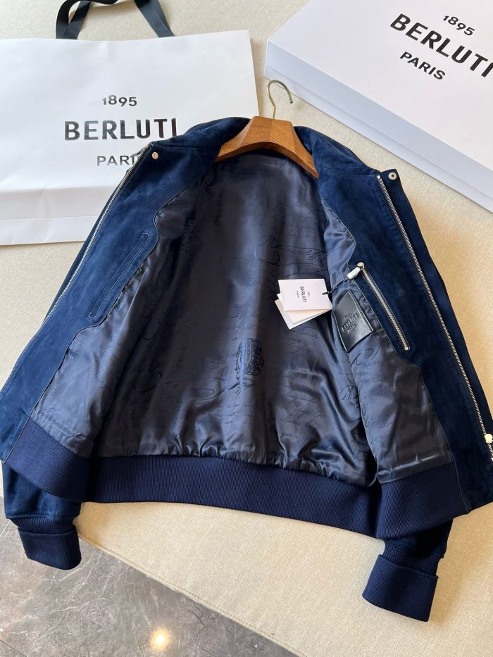NIGO Berluti Men's Spring, Autumn And Winter Two-Way Zipper Solid Color Lapel Fit Long Sleeve Sheepskin Suede Aviator Jacket Ngvp #nigo9449