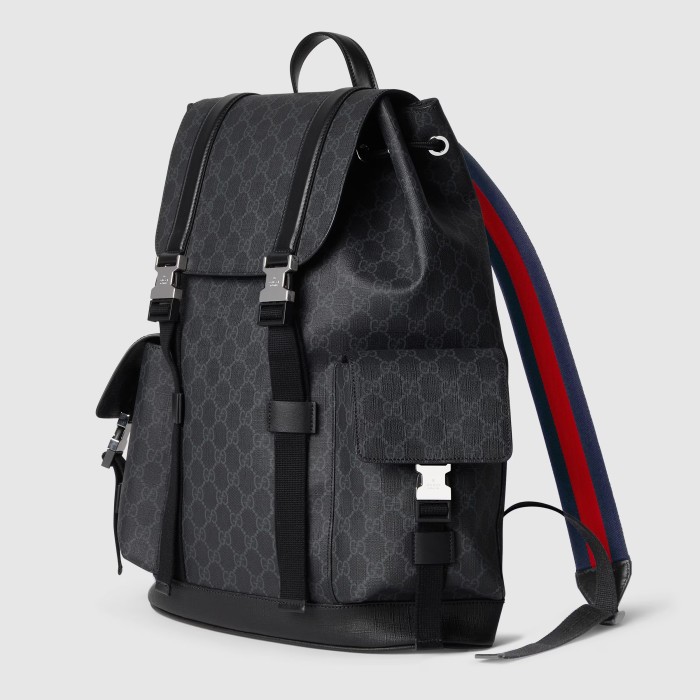 NIGO Gucci Men's GG Printed Canvas Splicing Leather Trim Red Webbing Adjustable Shoulder Strap Casual Bag Bag Black Backpack #nigo71676