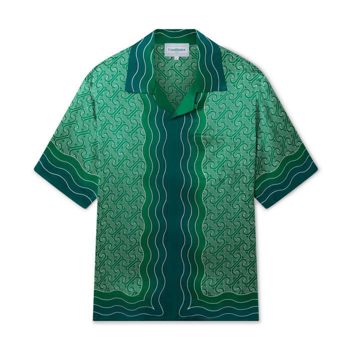 NIGO Casablanca Men's Summer Green Line Wave Print Lapel Single Breasted Short Sleeve Shirt Drawstring Tie Shorts Set Suit #nigo73575