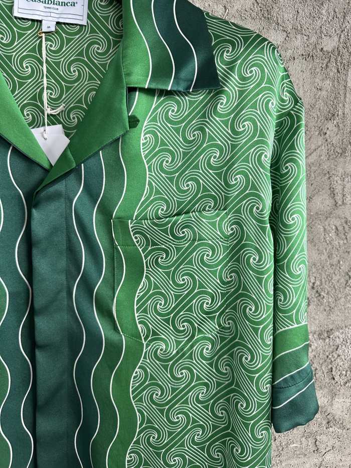 NIGO Casablanca Men's Summer Green Line Wave Print Lapel Single Breasted Short Sleeve Shirt Drawstring Tie Shorts Set Suit #nigo73575