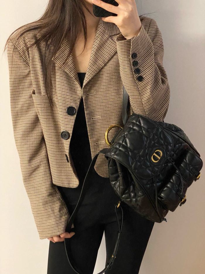NIGO Dior CARO Women's Black Adjustable Leather Shoulder Strap Flap Drawstring Closure Shoulder Bag Bags #nigo73618