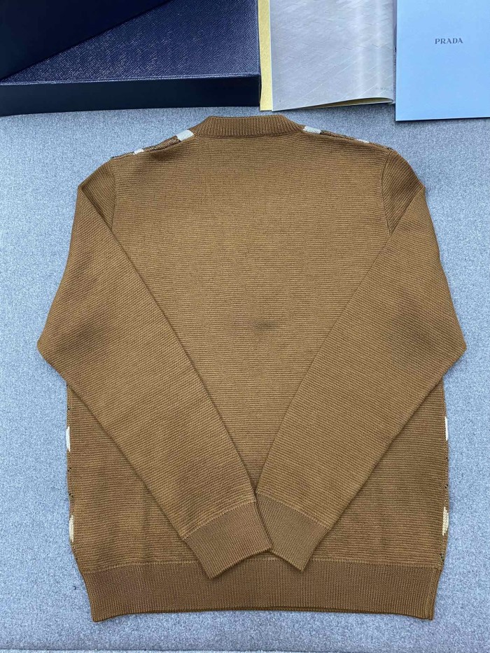 NIGO Prada Men's Spring And Fall Brown Diamond Applique V-neck Knitted Wool Casual Long Sleeved Sweater #nigo73612