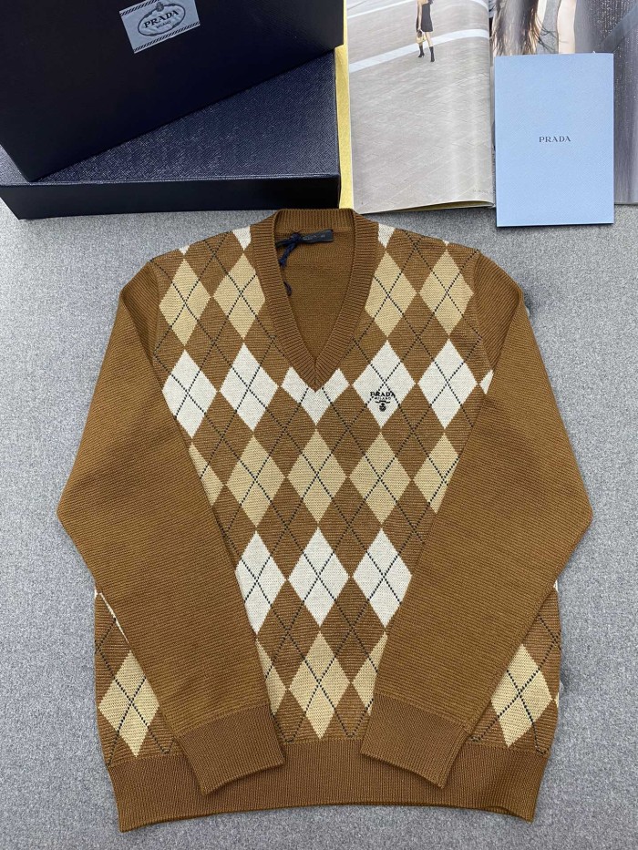 NIGO Prada Men's Spring And Fall Brown Diamond Applique V-neck Knitted Wool Casual Long Sleeved Sweater #nigo73612
