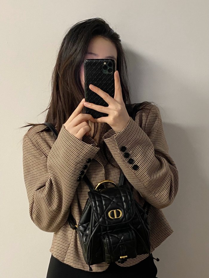 NIGO Dior CARO Women's Black Adjustable Leather Shoulder Strap Flap Drawstring Closure Shoulder Bag Bags #nigo73617