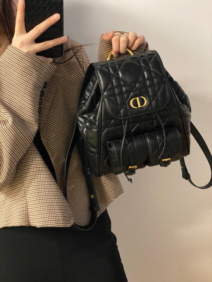 NIGO Dior CARO Women's Black Adjustable Leather Shoulder Strap Flap Drawstring Closure Shoulder Bag Bags #nigo73618