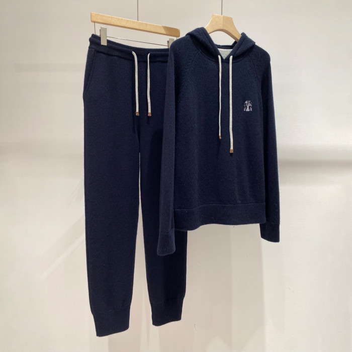 NIGO Brunello Cucinelli Women's Winter Solid Colours Embroidered Cashmere Loose Hooded Sweatshirt Knitted Drawstring Lounge Pants Two Piece Cashmere Set #nigo71686