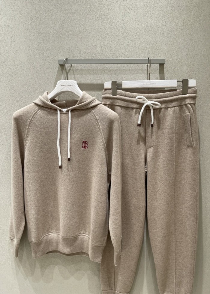 NIGO Brunello Cucinelli Women's Winter Solid Colours Embroidered Cashmere Loose Hooded Sweatshirt Knitted Drawstring Lounge Pants Two Piece Cashmere Set #nigo71686