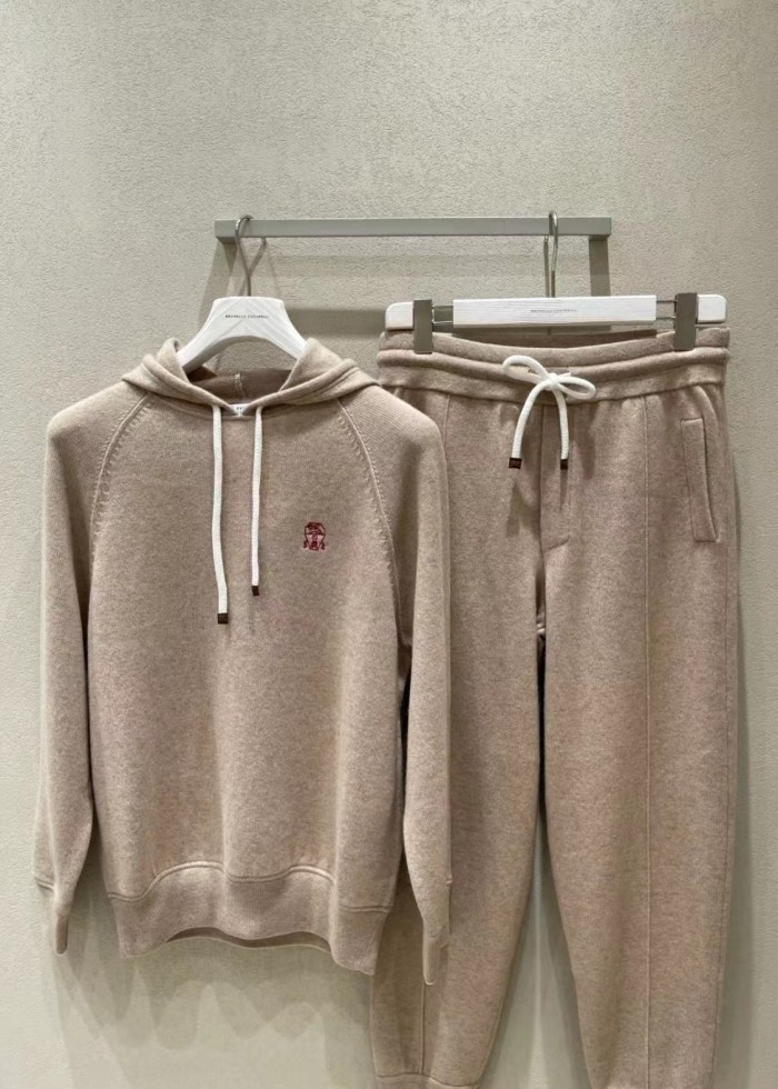 NIGO Brunello Cucinelli Women's Winter Solid Colours Embroidered Cashmere Loose Hooded Sweatshirt Knitted Drawstring Lounge Pants Two Piece Cashmere Set #nigo71686