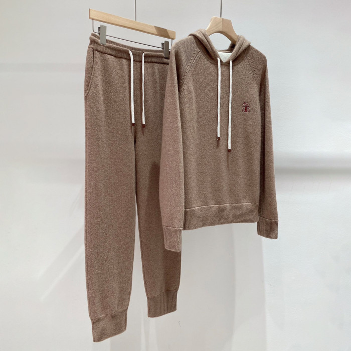 NIGO Brunello Cucinelli Women's Winter Solid Colours Embroidered Cashmere Loose Hooded Sweatshirt Knitted Drawstring Lounge Pants Two Piece Cashmere Set #nigo71686
