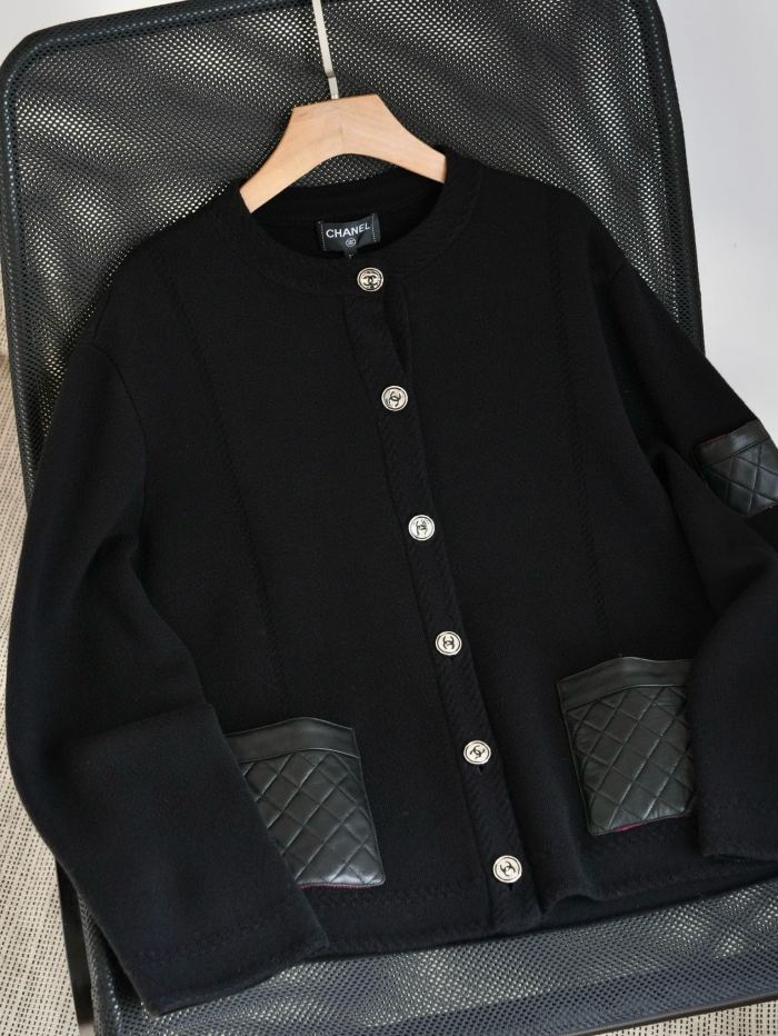 NIGO Chanel Women's Fall And Winter Black Leather Pockets Single Breasted Round Neck Long Sleeve Jacket #nigo73651