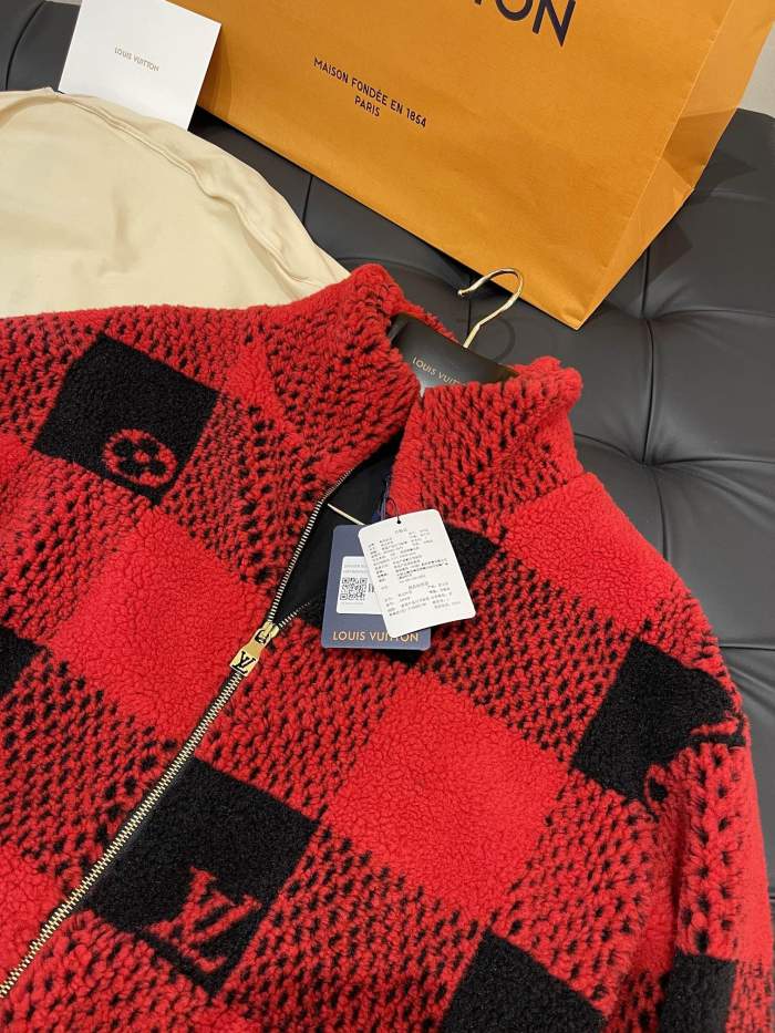 NIGO Louis Vuitton Men's Fall And Winter Red And Black Checkerboard Pattern Collar Zipper Long Sleeved Jacket #nigo73682