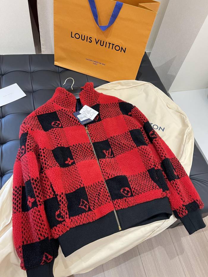 NIGO Louis Vuitton Men's Fall And Winter Red And Black Checkerboard Pattern Collar Zipper Long Sleeved Jacket #nigo73682