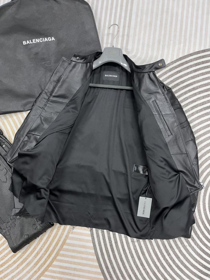 NIGO Balenciaga Men's Fall And Winter Black Round Neck Zipper Closure Regular Fit Long Sleeve Leather Jacket #nigo73673