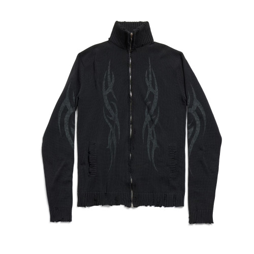 NIGO Balenciaga Men's Spring And Autumn Y2K Old High Neck Zipper Pattern Printed Black Long Sleeve Loose Knit Cardigan Jacket Ngvp #nigo9479