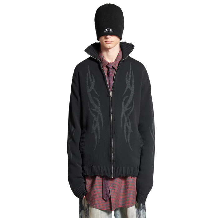 NIGO Balenciaga Men's Spring And Autumn Y2K Old High Neck Zipper Pattern Printed Black Long Sleeve Loose Knit Cardigan Jacket Ngvp #nigo9479