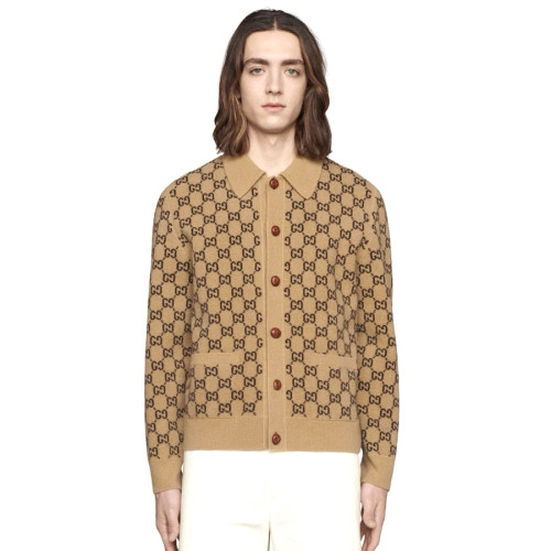 NIGO Gucci Men's Spring And Fall Khaki Monogrammed Single Breasted Wool Knit Long Sleeved Cardigan Jacket #nigo73726