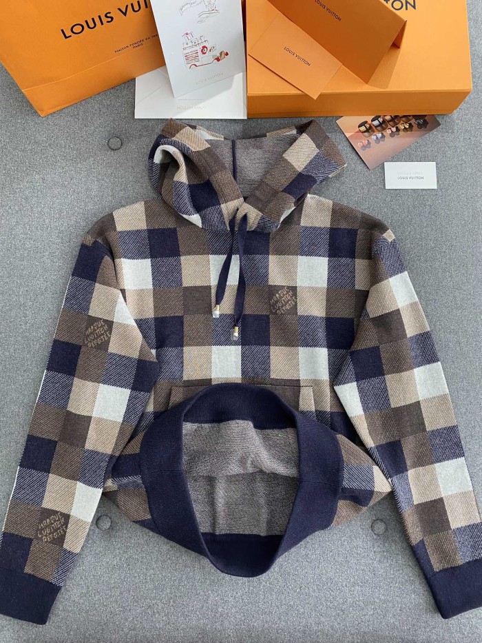NIGO Louis Vuitton Men's Spring and Autumn Brown Plaid Letter Logo Printed Hooded Long Sleeve Sweatshirt #nigo73739