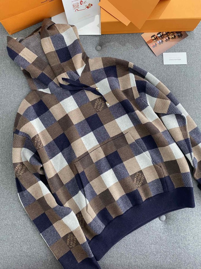 NIGO Louis Vuitton Men's Spring and Autumn Brown Plaid Letter Logo Printed Hooded Long Sleeve Sweatshirt #nigo73739