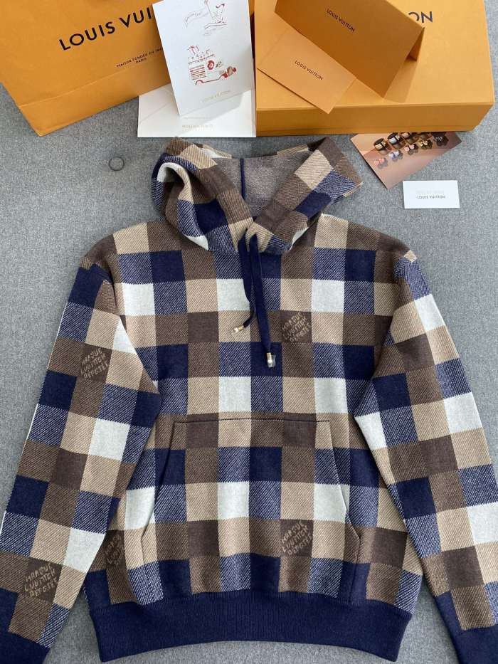 NIGO Louis Vuitton Men's Spring and Autumn Brown Plaid Letter Logo Printed Hooded Long Sleeve Sweatshirt #nigo73739