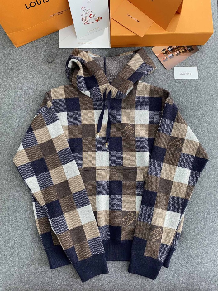 NIGO Louis Vuitton Men's Spring and Autumn Brown Plaid Letter Logo Printed Hooded Long Sleeve Sweatshirt #nigo73739