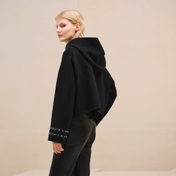 NIGO Hermes Women's Spring And Fall Double-Faced Cashmere Tweed Hooded Short Straight Solid Color Coat Ngvp #nigo9493
