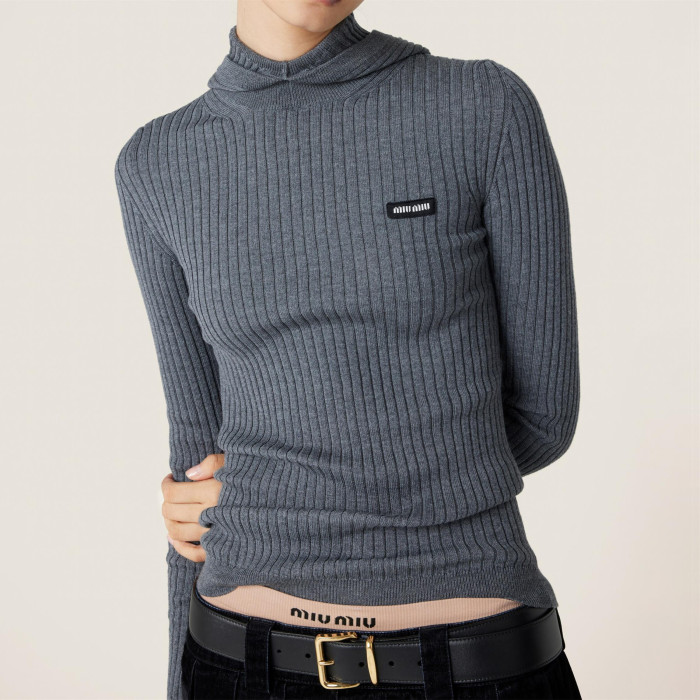 NIGO MiuMiu Women's Spring and Autumn Solid Color Wool High Neck Hooded Knitted Sweater Pants Set Suit #nigo73782