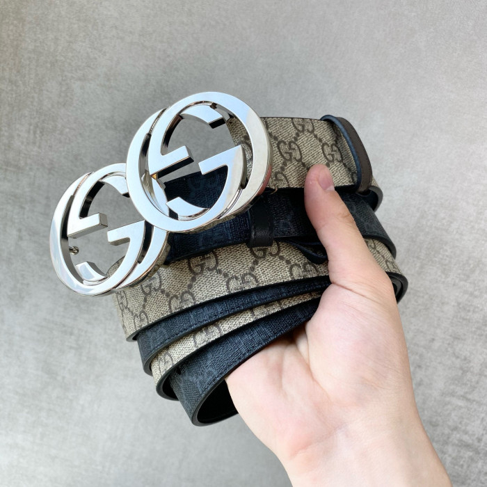NIGO Gucci Men's Silver Logo Smooth Buckle Monogrammed Leather Belt #nigo73785