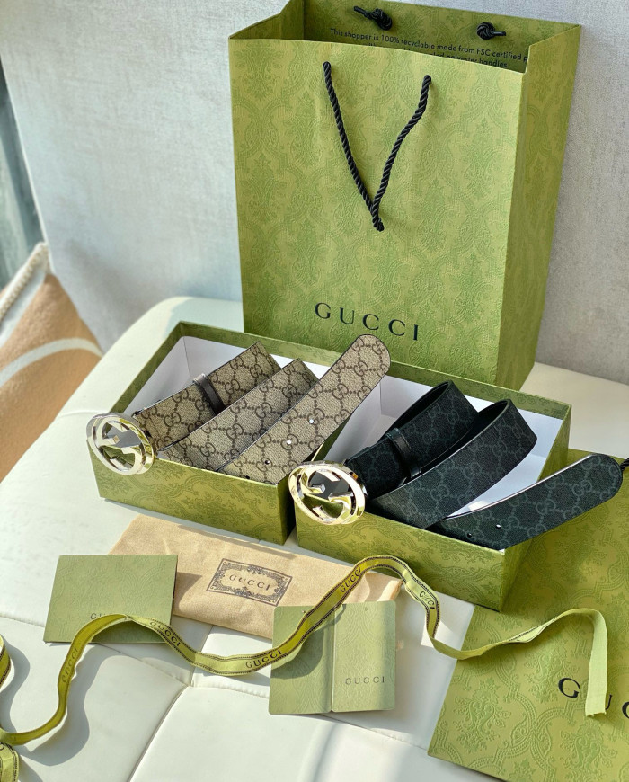 NIGO Gucci Men's Silver Logo Smooth Buckle Monogrammed Leather Belt #nigo73785