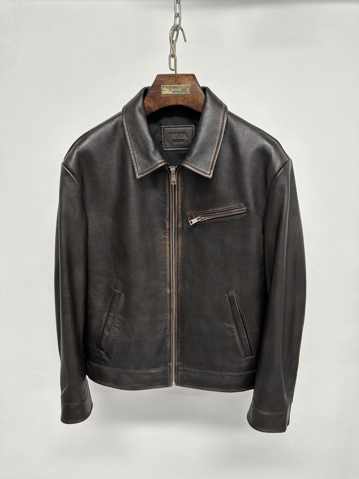 NIGO Prada Men's Autumn and Winter Solid Color Fit Lapel Zipper Long Sleeve Leather Jacket #nigo73774