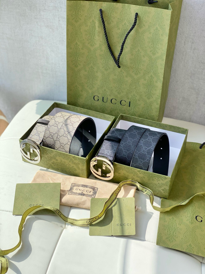 NIGO Gucci Men's Silver Logo Smooth Buckle Monogrammed Leather Belt #nigo73785