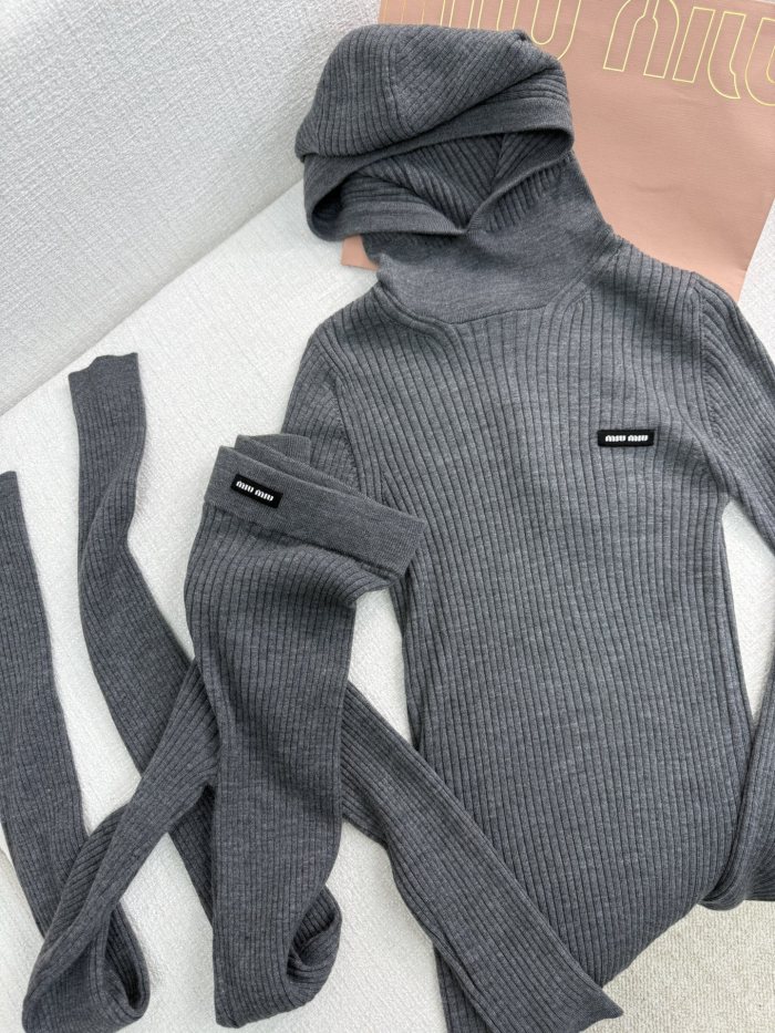 NIGO MiuMiu Women's Spring and Autumn Solid Color Wool High Neck Hooded Knitted Sweater Pants Set Suit #nigo73782