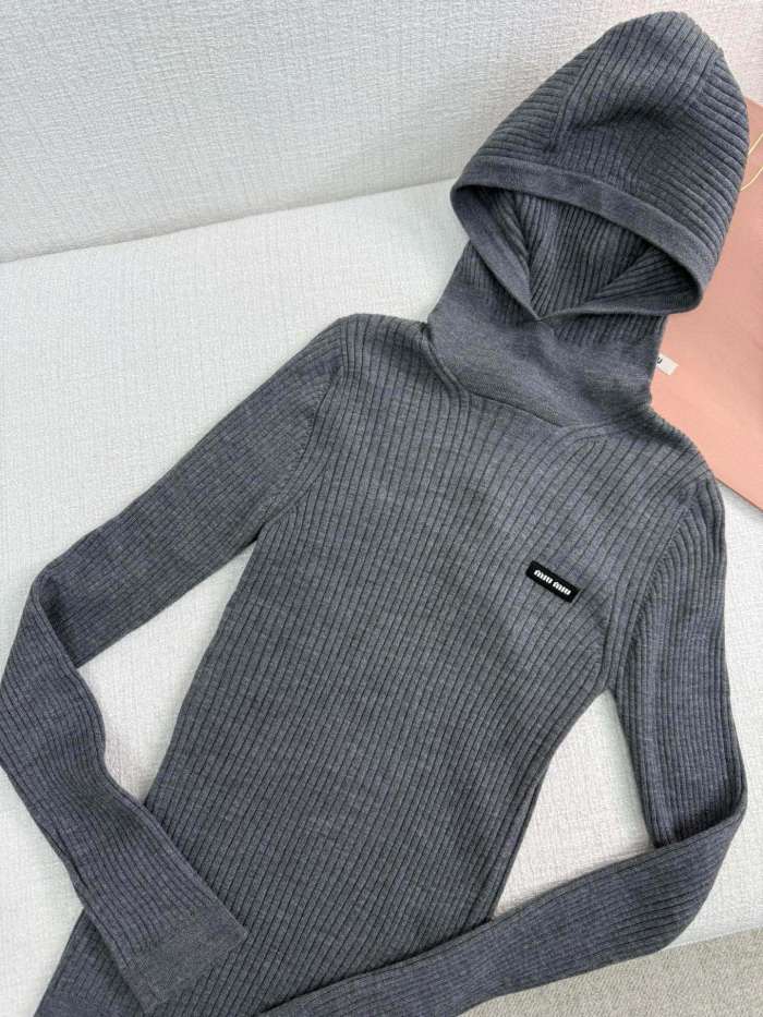 NIGO MiuMiu Women's Spring and Autumn Solid Color Wool High Neck Hooded Knitted Sweater Pants Set Suit #nigo73782