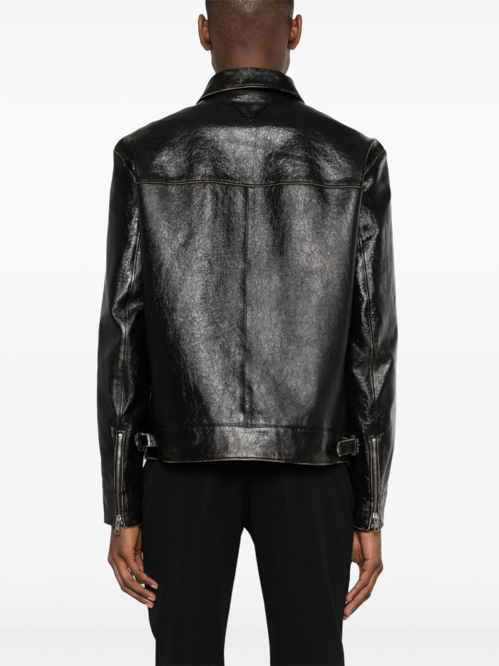 NIGO Prada Men's Autumn and Winter Solid Color Fit Lapel Zipper Long Sleeve Leather Jacket #nigo73774
