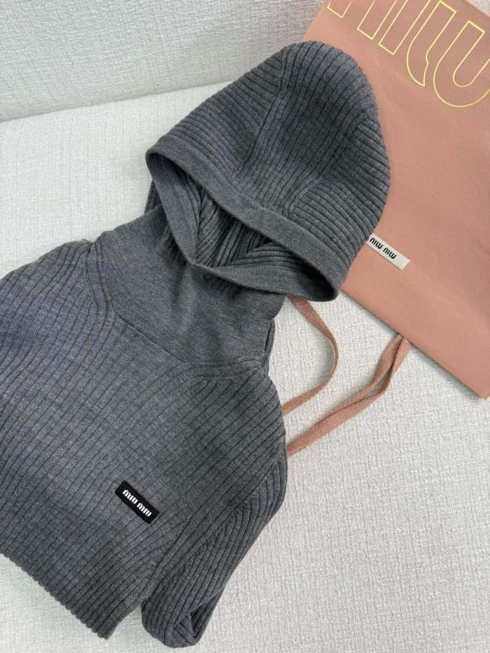 NIGO MiuMiu Women's Spring and Autumn Solid Color Wool High Neck Hooded Knitted Sweater Pants Set Suit #nigo73782