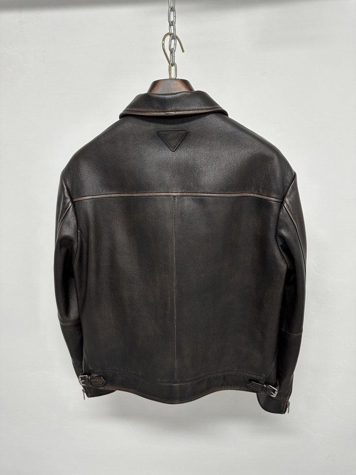 NIGO Prada Men's Autumn and Winter Solid Color Fit Lapel Zipper Long Sleeve Leather Jacket #nigo73774