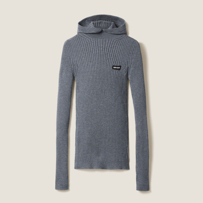 NIGO MiuMiu Women's Spring and Autumn Solid Color Wool High Neck Hooded Knitted Sweater Pants Set Suit #nigo73782