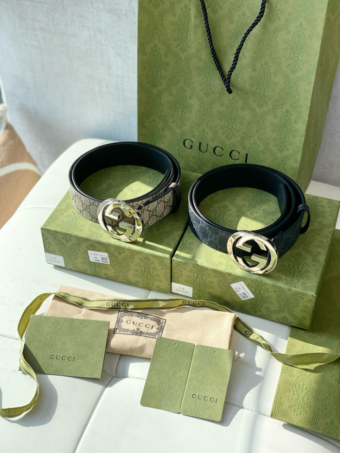 NIGO Gucci Men's Silver Logo Smooth Buckle Monogrammed Leather Belt #nigo73785