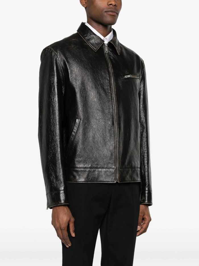 NIGO Prada Men's Autumn and Winter Solid Color Fit Lapel Zipper Long Sleeve Leather Jacket #nigo73774