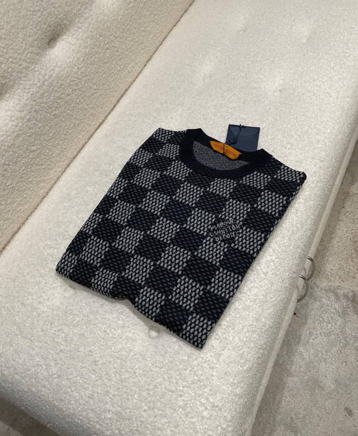 NIGO Louis Vuitton Men's Spring and Autumn Black Checkerboard Print Logo Pattern Round Neck Long Sleeve Sweater #nigo73789