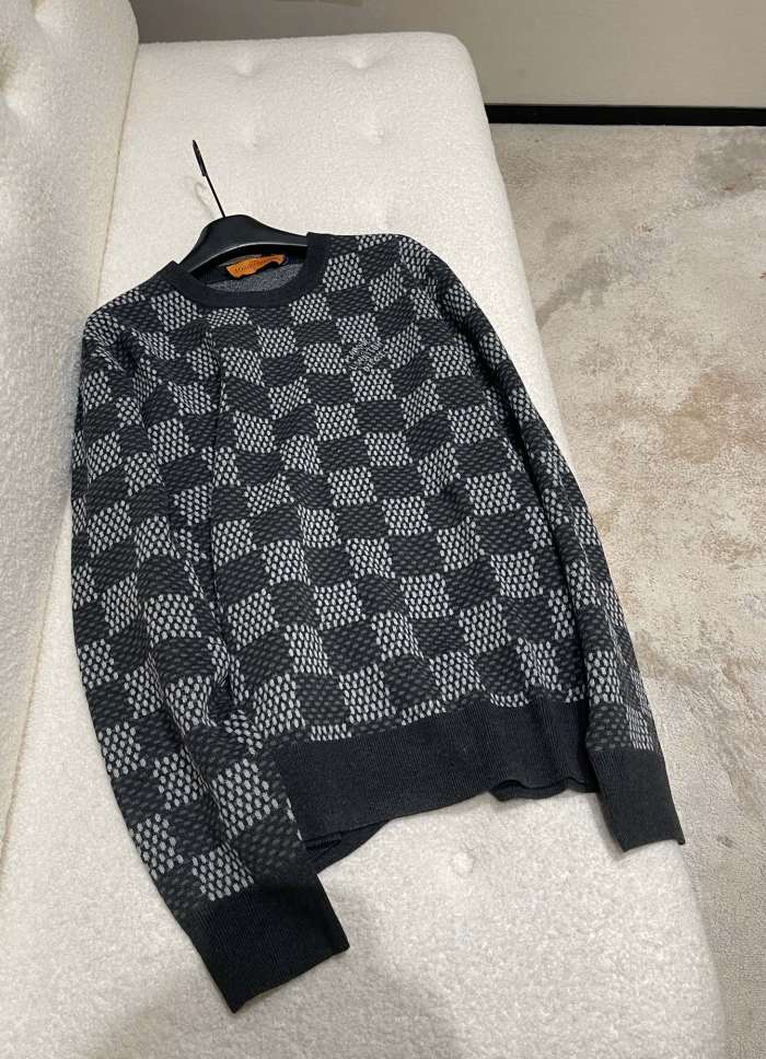NIGO Louis Vuitton Men's Spring and Autumn Black Checkerboard Print Logo Pattern Round Neck Long Sleeve Sweater #nigo73789