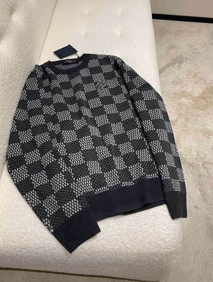 NIGO Louis Vuitton Men's Spring and Autumn Black Checkerboard Print Logo Pattern Round Neck Long Sleeve Sweater #nigo73789