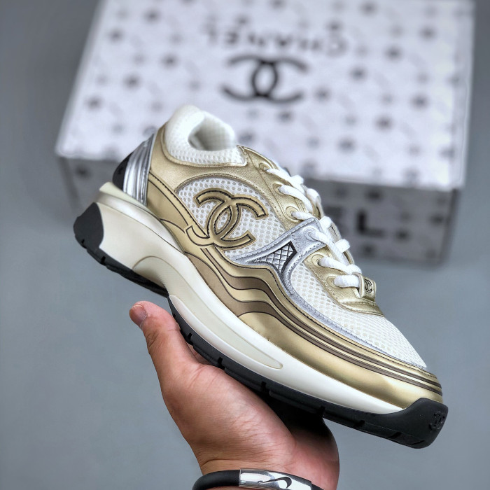 NIGO Chanel Women's Four Seasons Solid Color Logo Mesh Leather Low Top Round Toe Lace Up Sneakers Casual Shoes #nigo73862