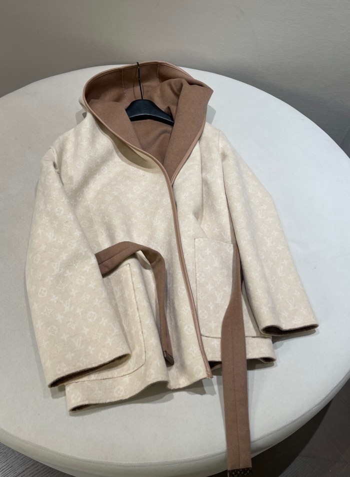 NIGO Louis Vuitton Women's Fall/Winter Brown Logo Letter Printed Reversible Wool Hooded Wrap Long Sleeve Coat Jacket  #nigo73896