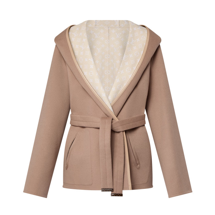 NIGO Louis Vuitton Women's Fall/Winter Brown Logo Letter Printed Reversible Wool Hooded Wrap Long Sleeve Coat Jacket  #nigo73896