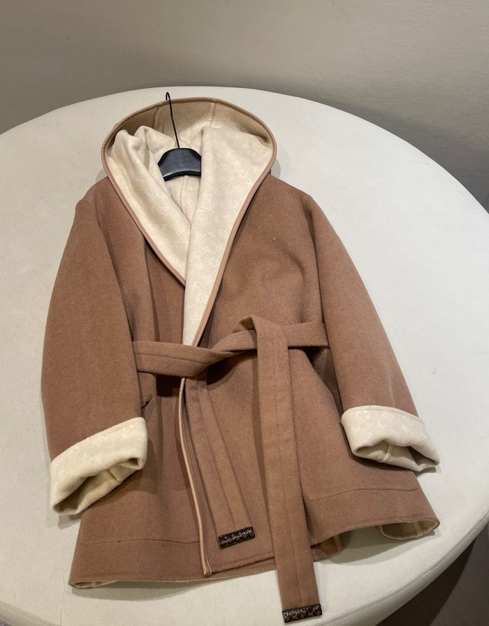 NIGO Louis Vuitton Women's Fall/Winter Brown Logo Letter Printed Reversible Wool Hooded Wrap Long Sleeve Coat Jacket  #nigo73896