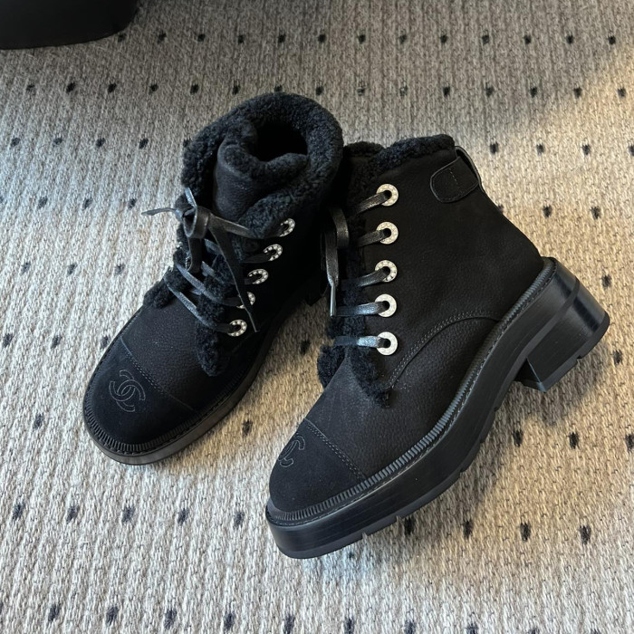 NIGO Chanel Women's Autumn and Winter Solid Color Wool Leather Lace-up Snow Boots Shoes #nigo73926